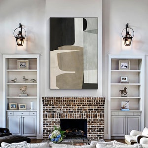 Brown, beige, and black abstract geometric painting on canvas. Minimalist art with organic shapes, extra-large Japanese Wabi Sabi wall decor.