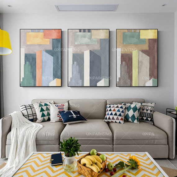 Set of 3 Wall Art Gold Line Art Abstract Acrylic Geometry Paintings on  Canvas Original Large Framed Set 3 Pieces Wall Art Cuadros Abstractos 