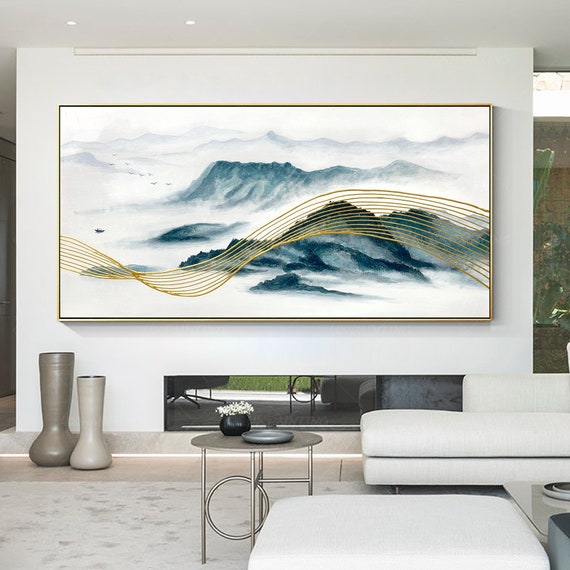 Original Mountain Wall Art Teal Navy Blue Gold Line Gray Art Etsy