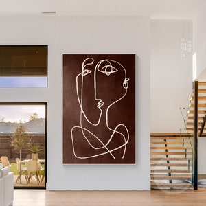Picasso One Line Art Brown Abstract Painting on Canvas, Extra Large Vertical Minimalist Wall Art Framed Livingroom Earth Tone Home Decor