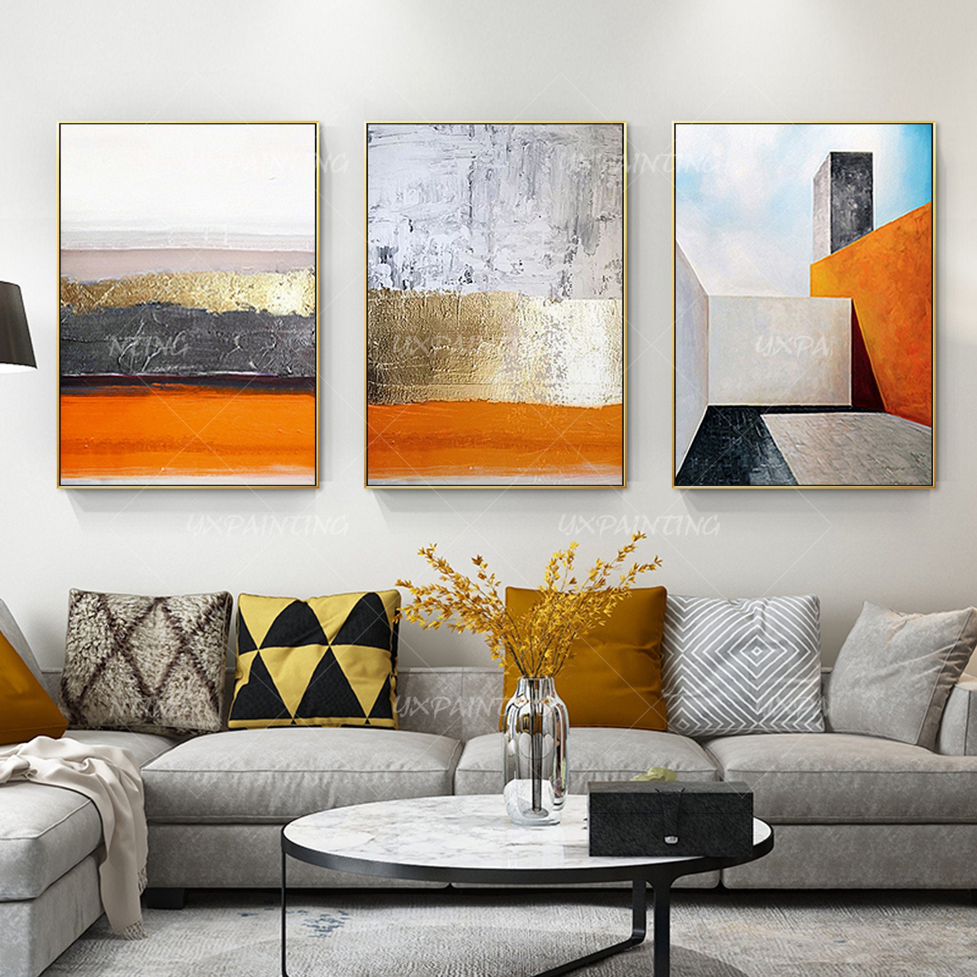 3 Pieces Abstract Painting Gold Leaf Geometric Art Acrylic Paintings on ...