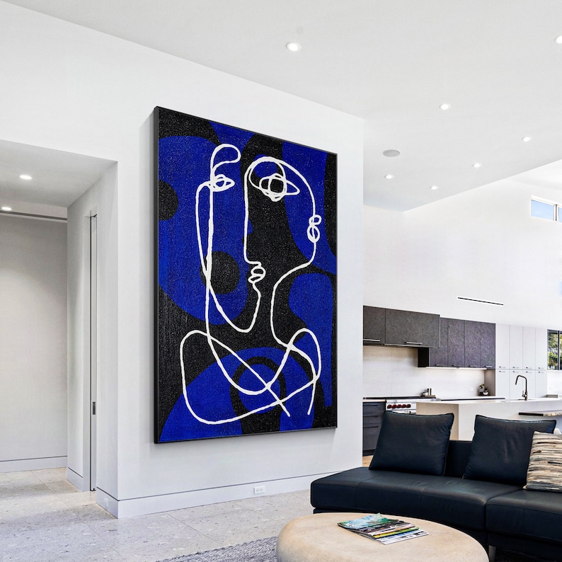 hand-painted Blue minimalist Picasso line painting on canvas. Extra-large wall decor, original one-line design