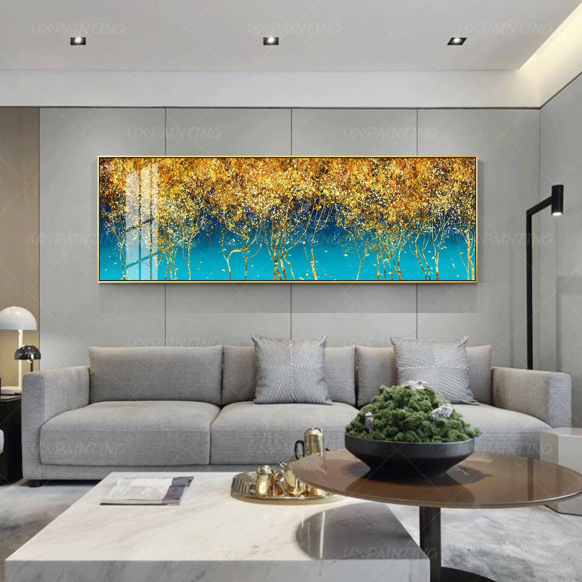 Teal Wall Art Gold Art Large Abstract Flower Tree Printable Wall