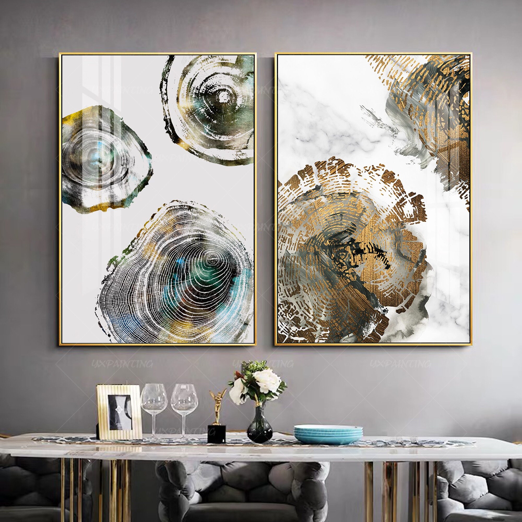 Gold art Framed painting Set of 2 prints art Geometric Etsy