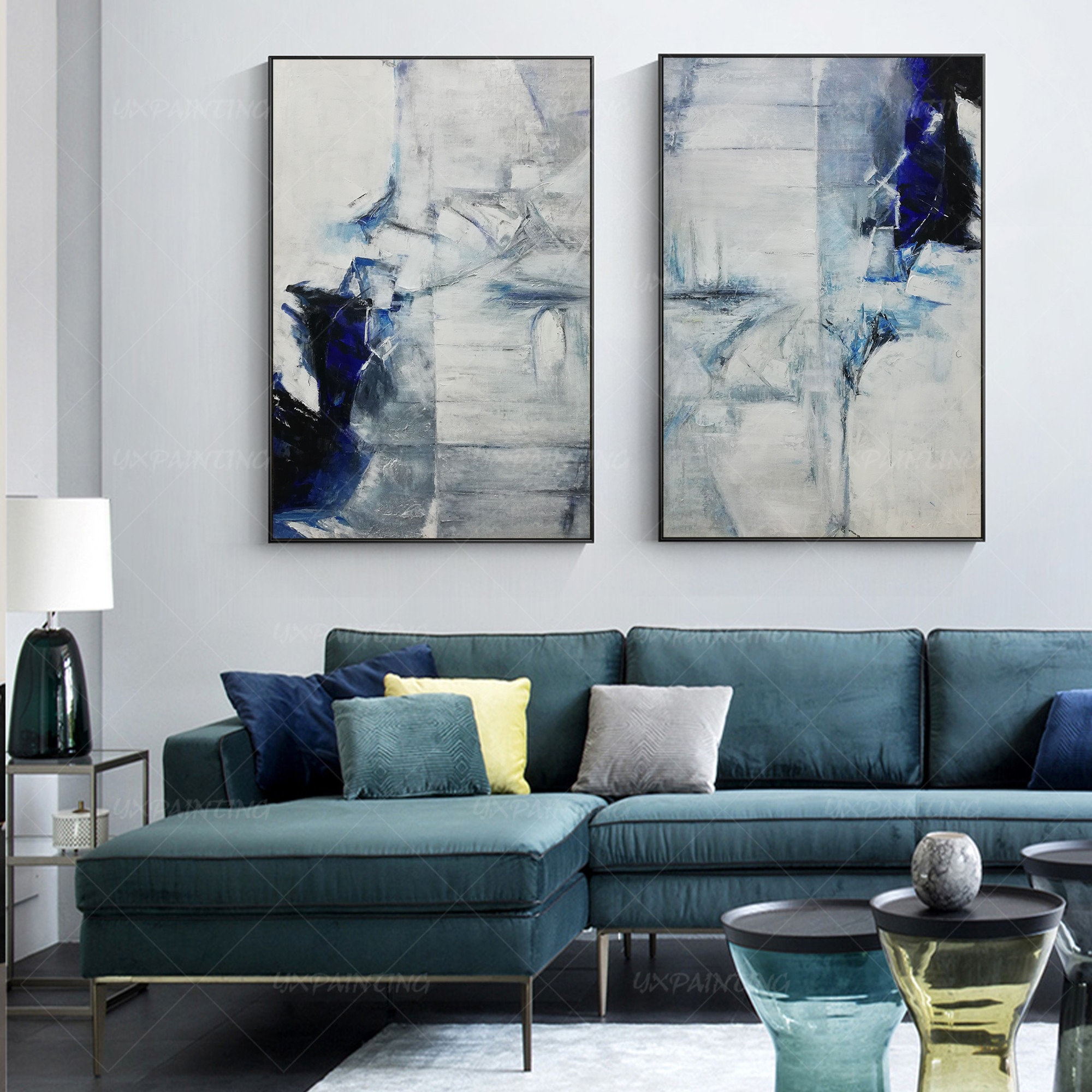 Framed Wall Art Set of 2 Wall Art Abstract Blue Paintings on Etsy