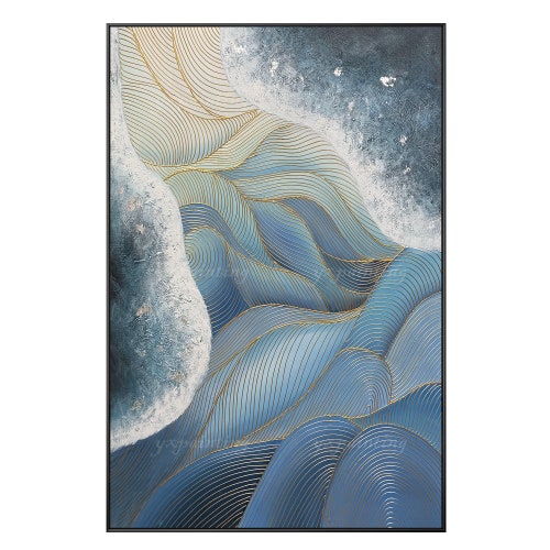 Abstract watercolor Blue shops Gold line acrylic extra large painting on canvas|Framed wall modern fantasy art|Aesthetic room decor yxpainting