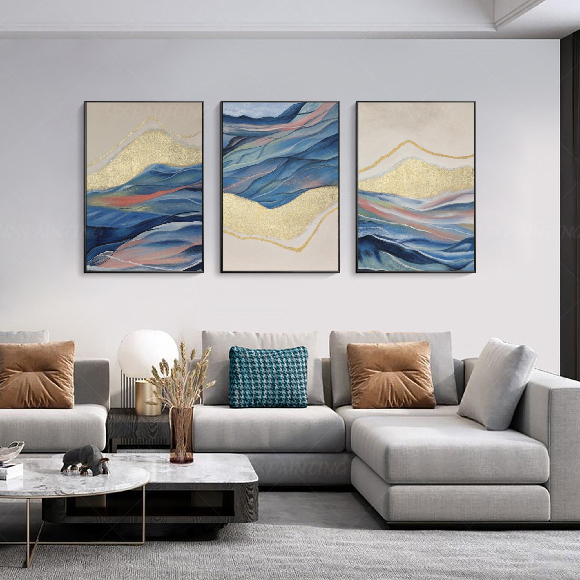 Gold art Framed painting Set of 3 wall art abstract mountain Etsy