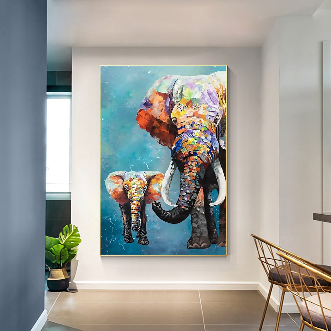 Elephant Textured Painting on Canvas, Elephant Famliy, Baby Elephant