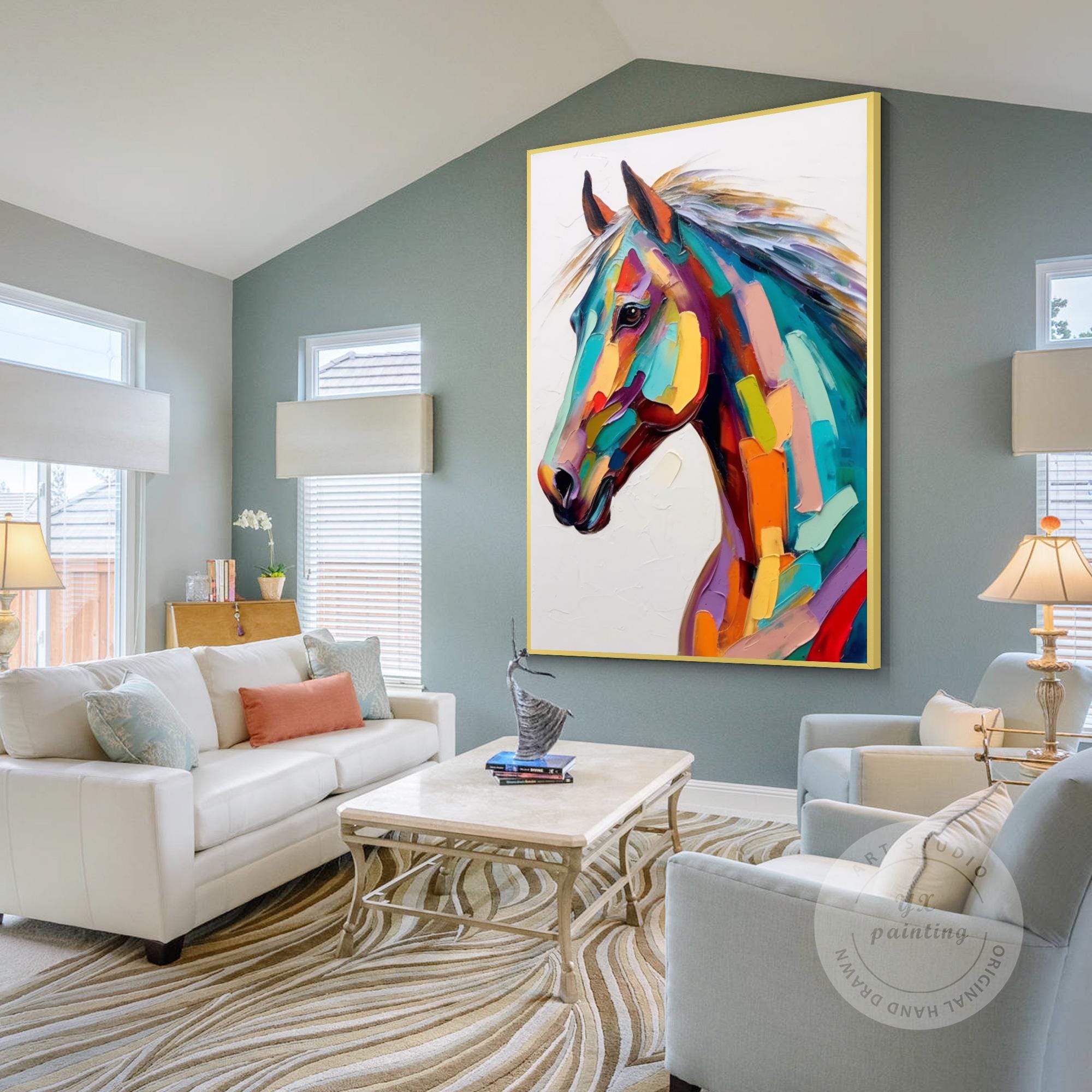 カラフルな馬の油絵：キャンバスに描かれたテクスチャーのあるポップ