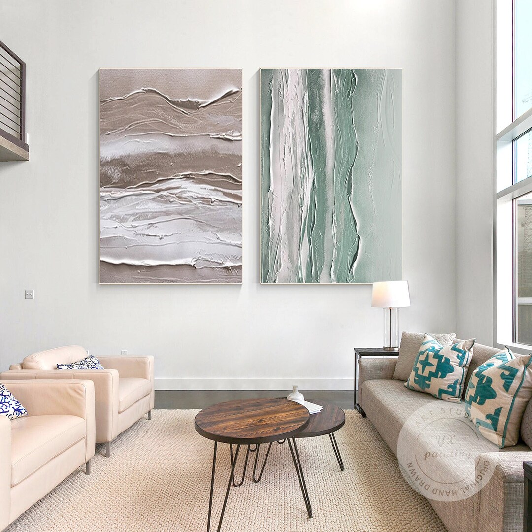 2 Pieces Beige Light Green White Texture Abstract Painting on Canvas