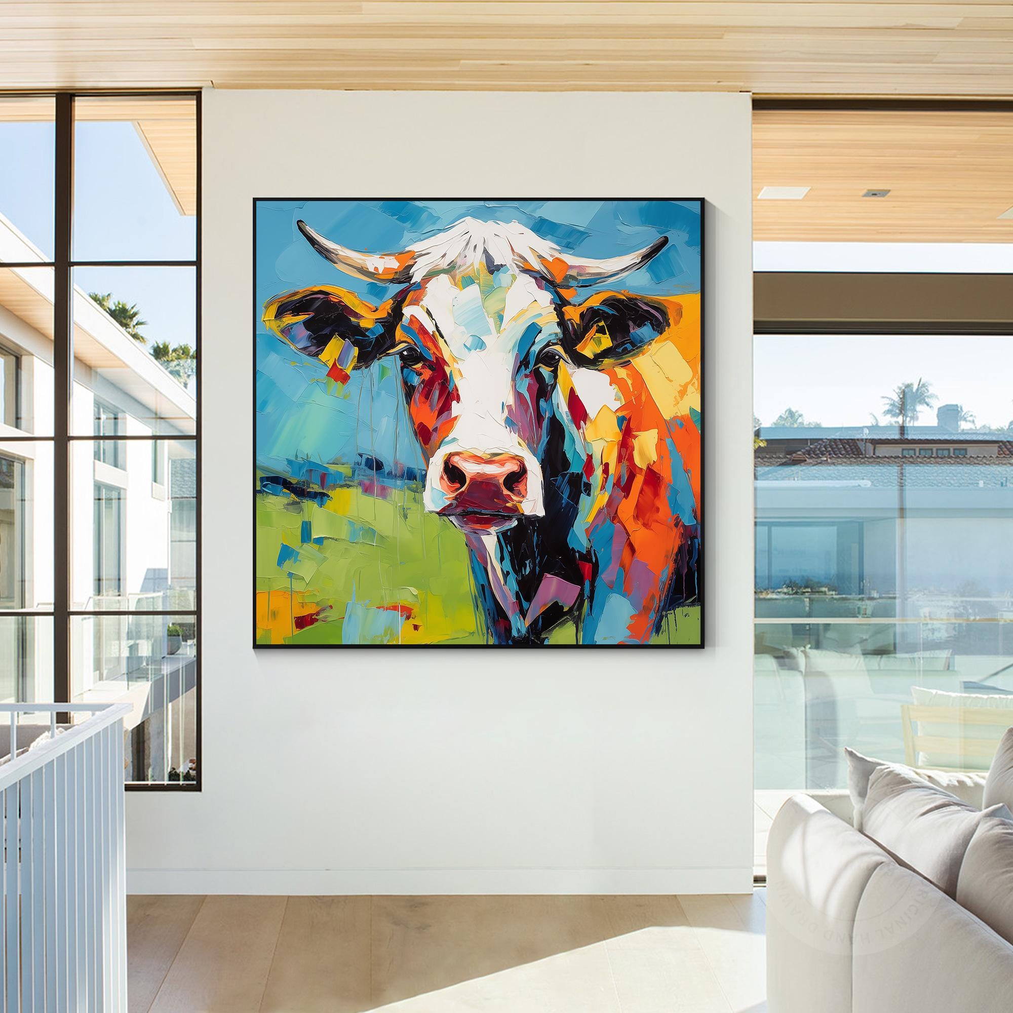 他の方発送×肉質画【牛】油彩画 カラフルな質感の牛の絵画、キャンバスに描かれたオリジナルの油絵