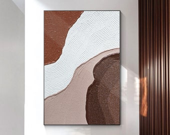 Brown Abstract Textured Painting: Minimalist Living Room Wall Art