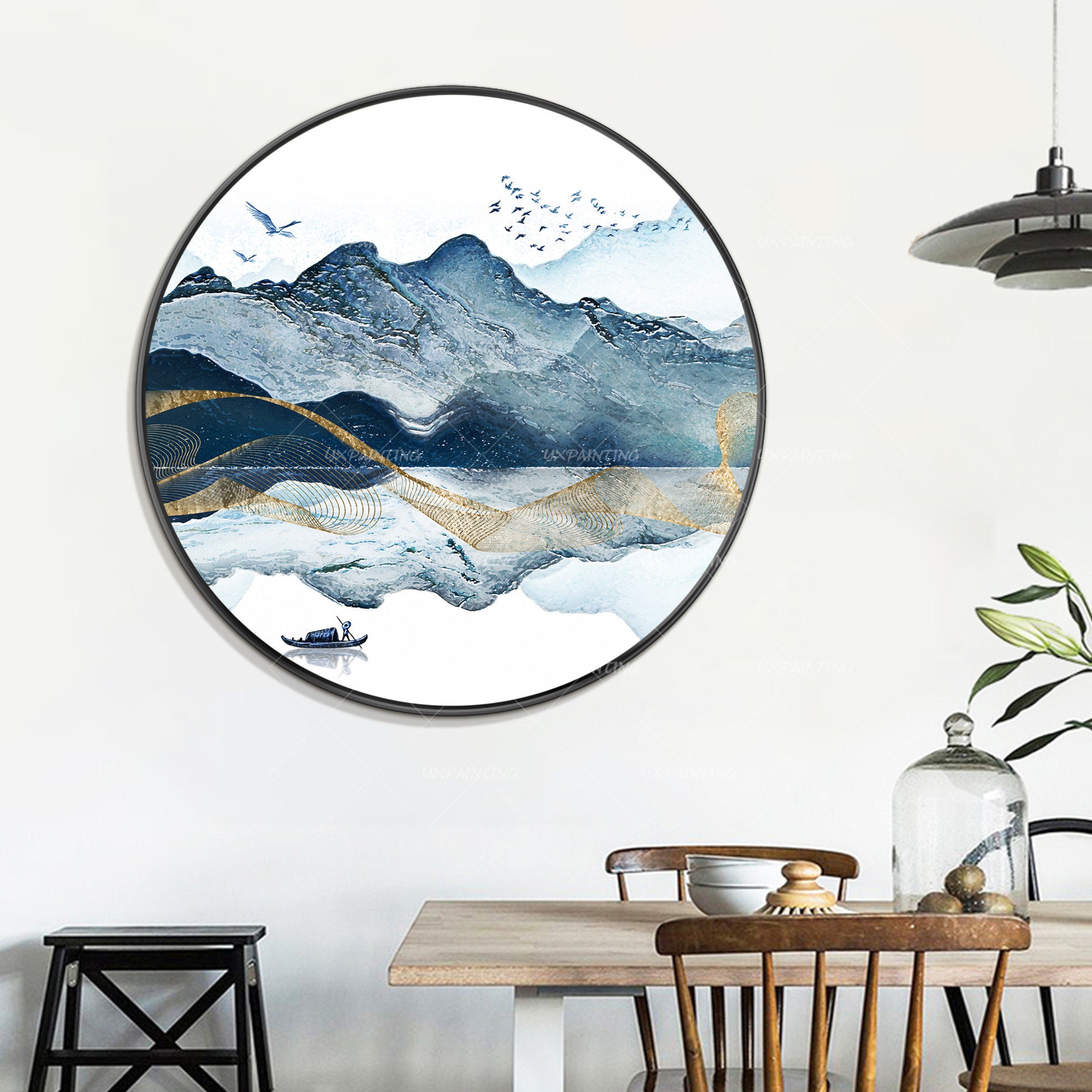 Printable Wall Art Round Framed Prints Abstract Mountain Lake Etsy