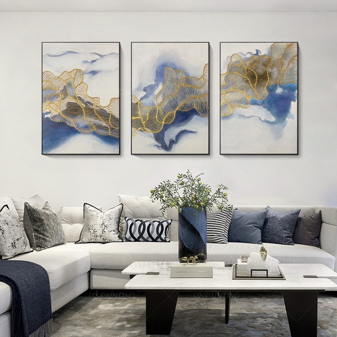 Frame Wall Art 3 Pieces Gold Art Abstract Acrylic Paintings on Canvas ...
