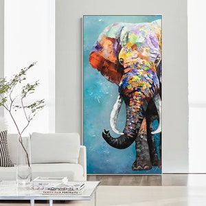 Elephant Original Painting On Canvas, POP Art Elephant Vertical Extra Large Wall Art Decor, Colorful Elephant Painting, Elephant Decor Gift