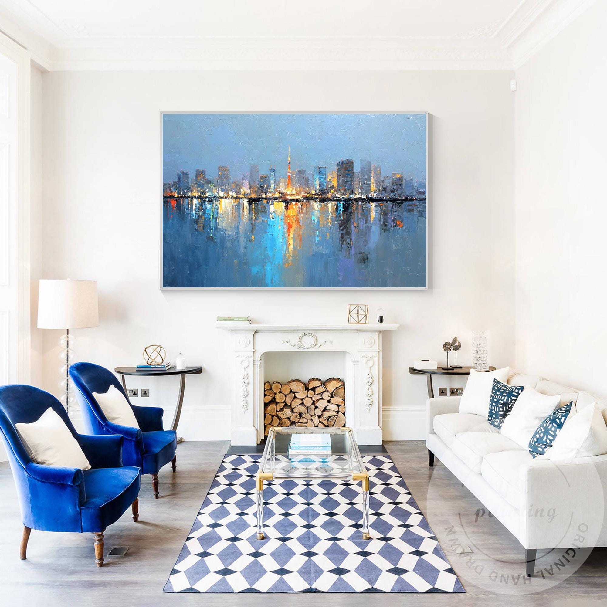 Tokyo City Skyline Painting, Large Horizontal Abstract Cityscape