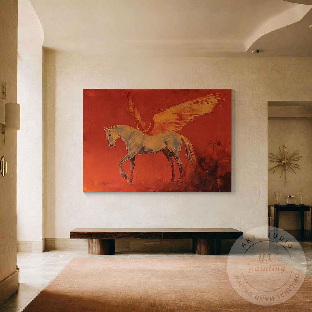 Pegasus Wall Art Canvas, Abstract Mythical Horse Painting, Red Dramatic ...
