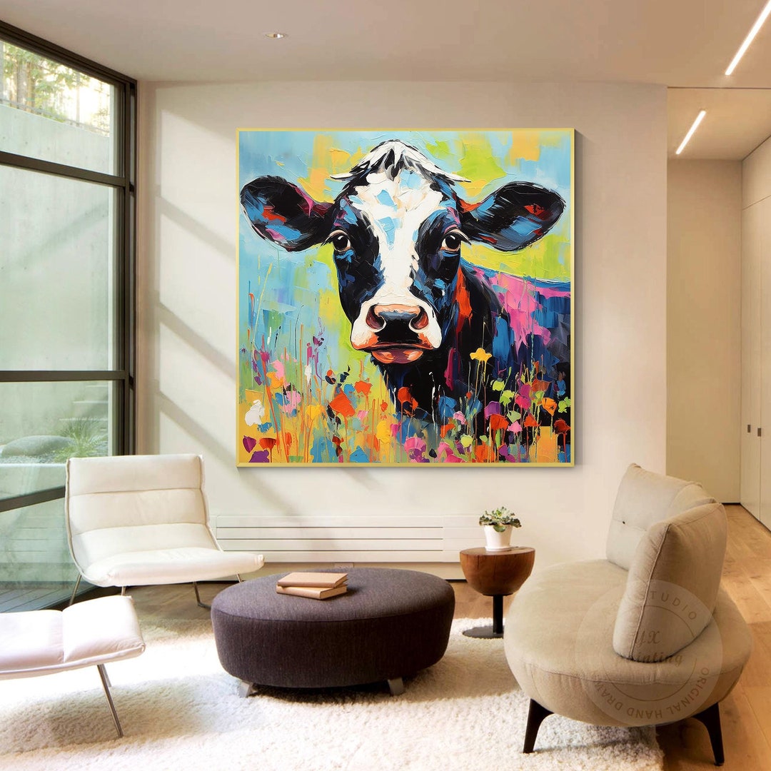 Textured Calf Painting Colorful Flowers, Original Oil Painting on