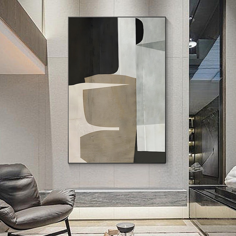 Brown, beige, and black abstract geometric painting on canvas. Minimalist art with organic shapes, extra-large Japanese Wabi Sabi wall decor.