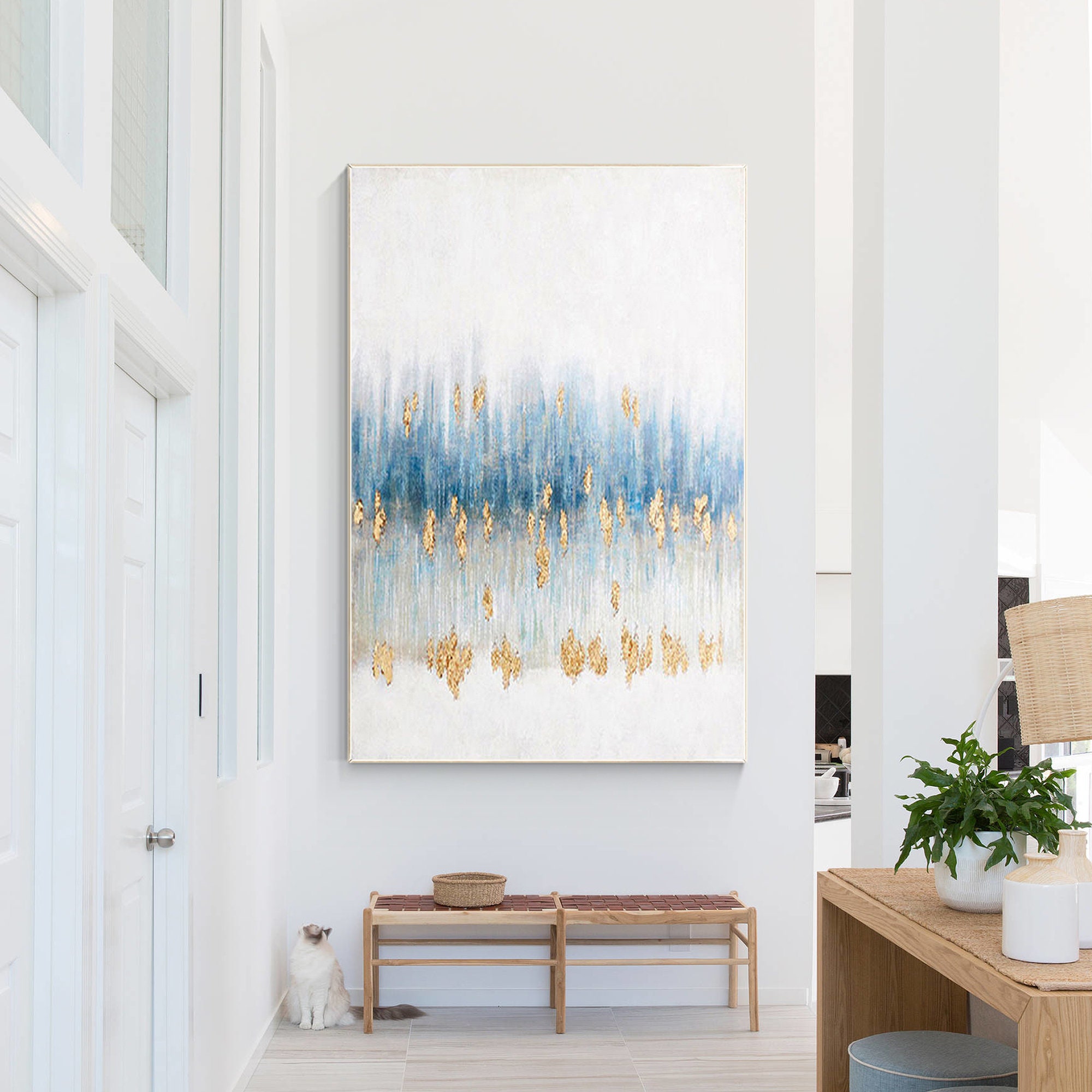 Gold Foil Blue Abstract Painting on Canvas, Extra Large Wall Art Living ...