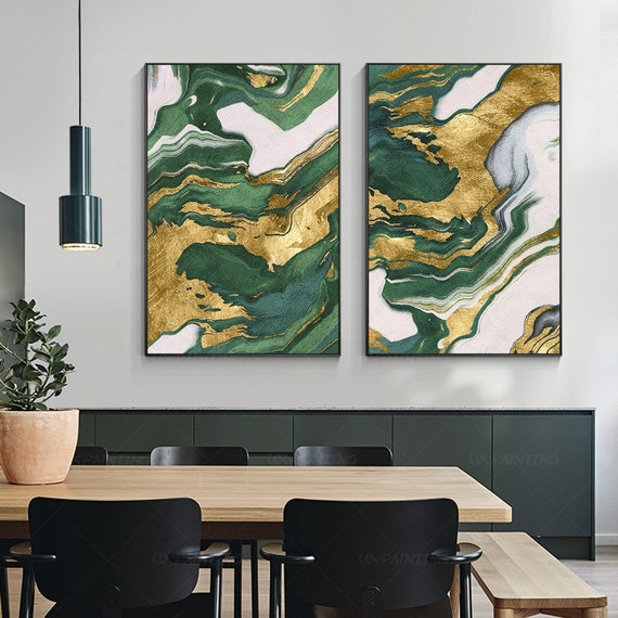 Emerald Green Gold Foil Diptych Wall Art, Original Abstract Minimalist Painting Canvas, Living Room Decor