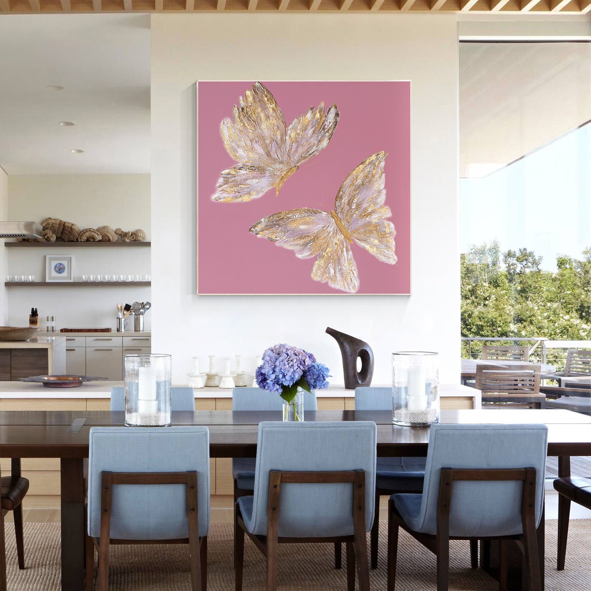Lienzo Decorativo Mariposas Rosa Y Dorado | Cuadro Moderno Para Salón | 40x50 Cm Listo Para Colgar | Regalo Mujer