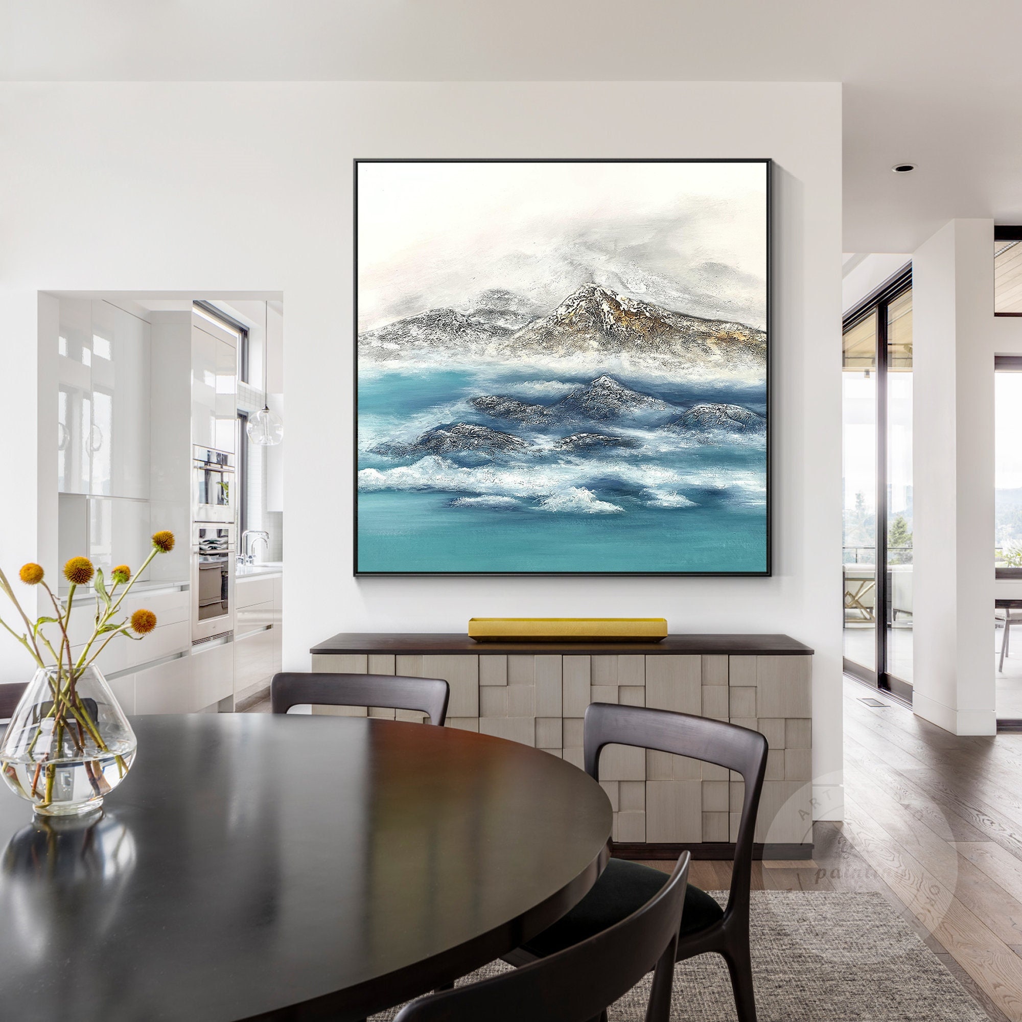 Paisaje de montaña, río verde azulado, nube blanca y gris, pintura de naturaleza con textura pesada sobre lienzo, arte de pared cuadrado moderno con marco para dormitorio y sala de estar.