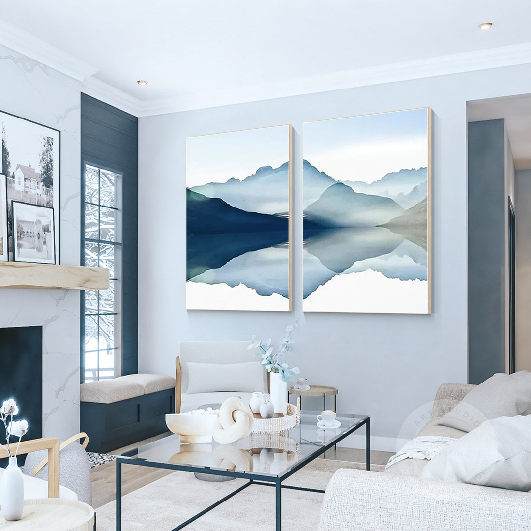 Mountain Landscape Painting Canvas: Set of 2 Framed Watercolor Wall Art ...