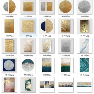 May include: A collection of twenty-five rectangular and circular wall art pieces featuring various abstract designs, metallic gold and silver textures, deep blue and green color palettes, and fluid patterns displayed in a grid layout.