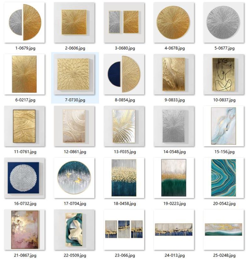 May include: A collection of twenty-five rectangular and circular wall art pieces featuring various abstract designs, metallic gold and silver textures, deep blue and green color palettes, and fluid patterns displayed in a grid layout.