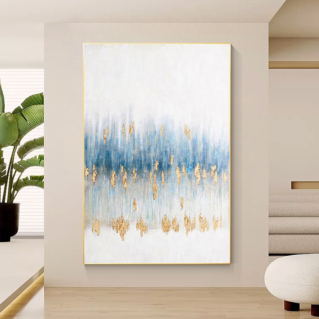 Gold Foil Blue Abstract Painting on Canvas, Extra Large Wall Art Living ...