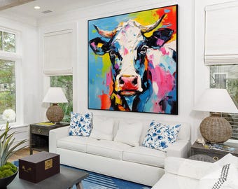 Colorful Cow Portrait: 3D Textured Acrylic Painting on Canvas