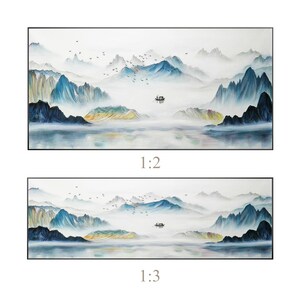 Teal Mountain Painting Original, Watercolor Painting Long Horizontal Livingroom Framed Wall Art, Landscape Painting on Canvas Wall Art Decor Black Frame