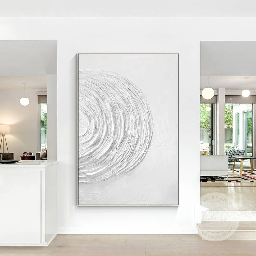White 3D Wall Art Texture, Minimalist Original Painting on Canvas, Vertical Modern Frame Extra