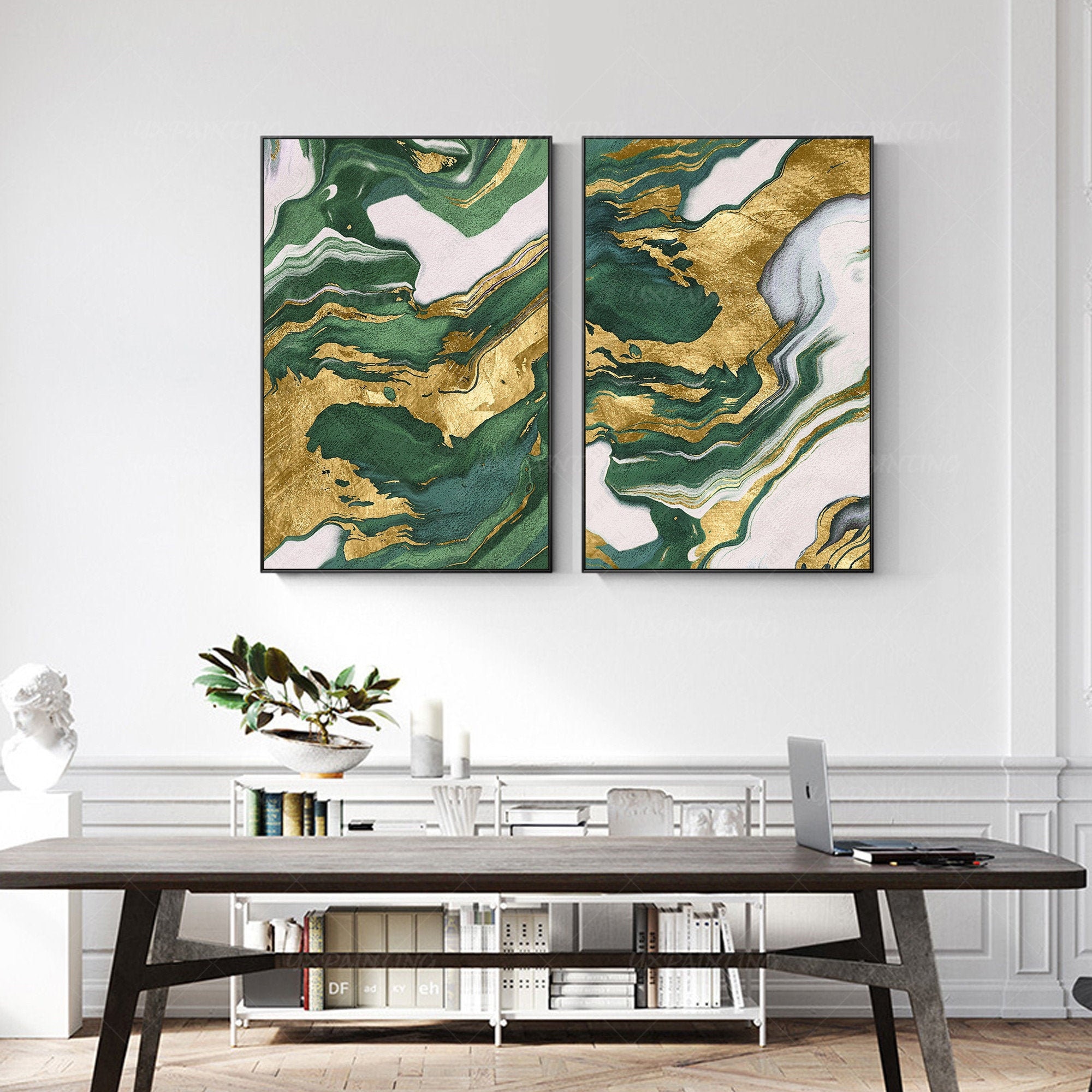 Emerald green home decor Gold art set of 2 wall art framed Etsy