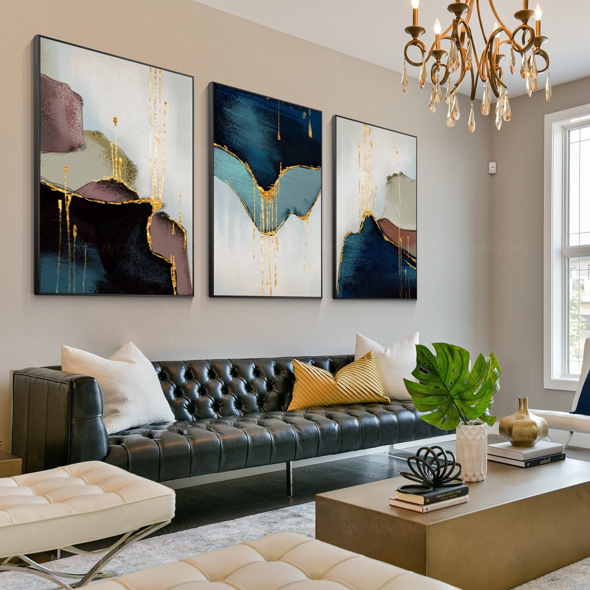 Set of 3 Pieces, Framed Wall Art, Abstract Painting, Gold Leaf Blue ...