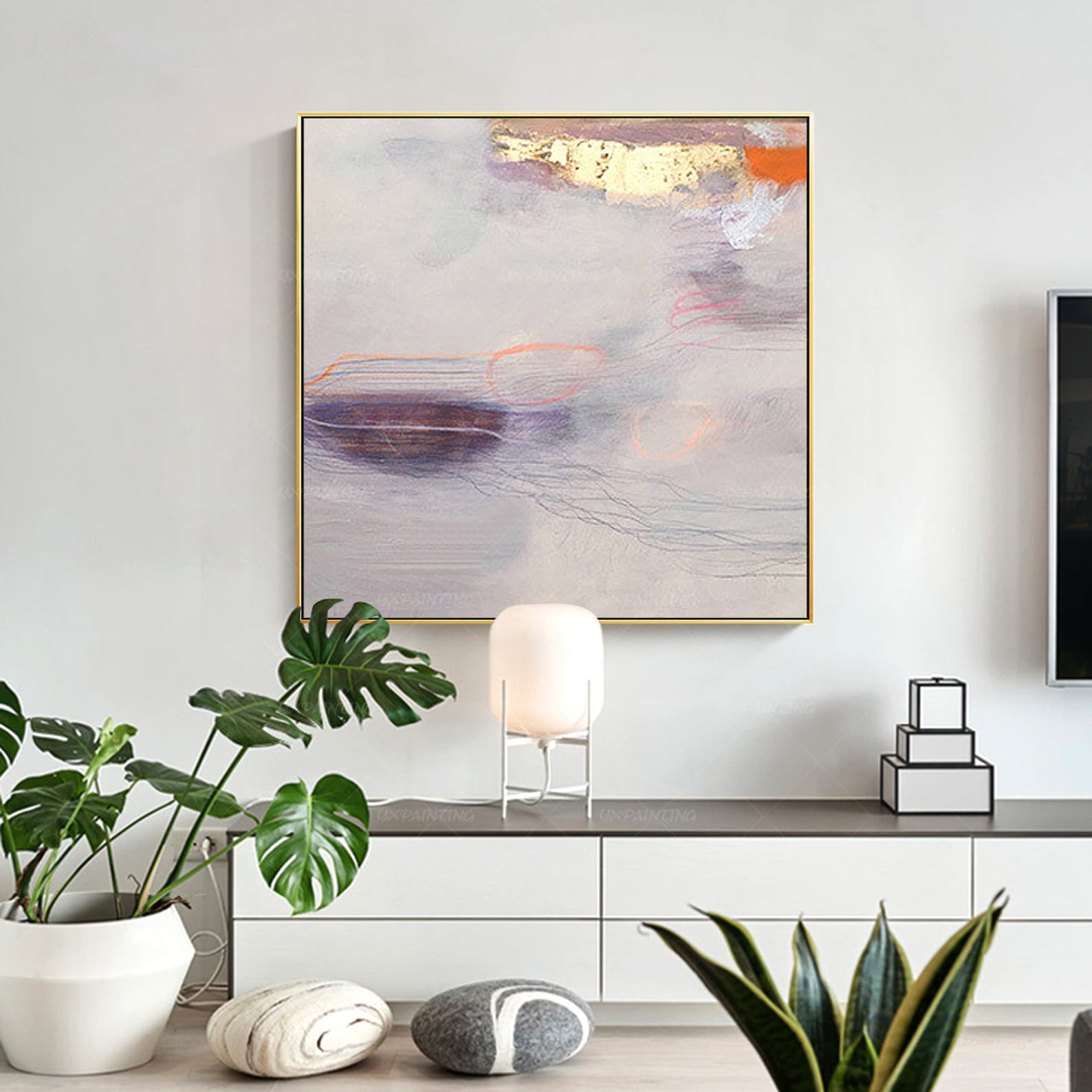 Set of 2 wall art Gold art framed painting Geometric art Etsy