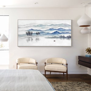 Mountain Painting Blue Gray Abstract Original Painting on Canvas, Long ...