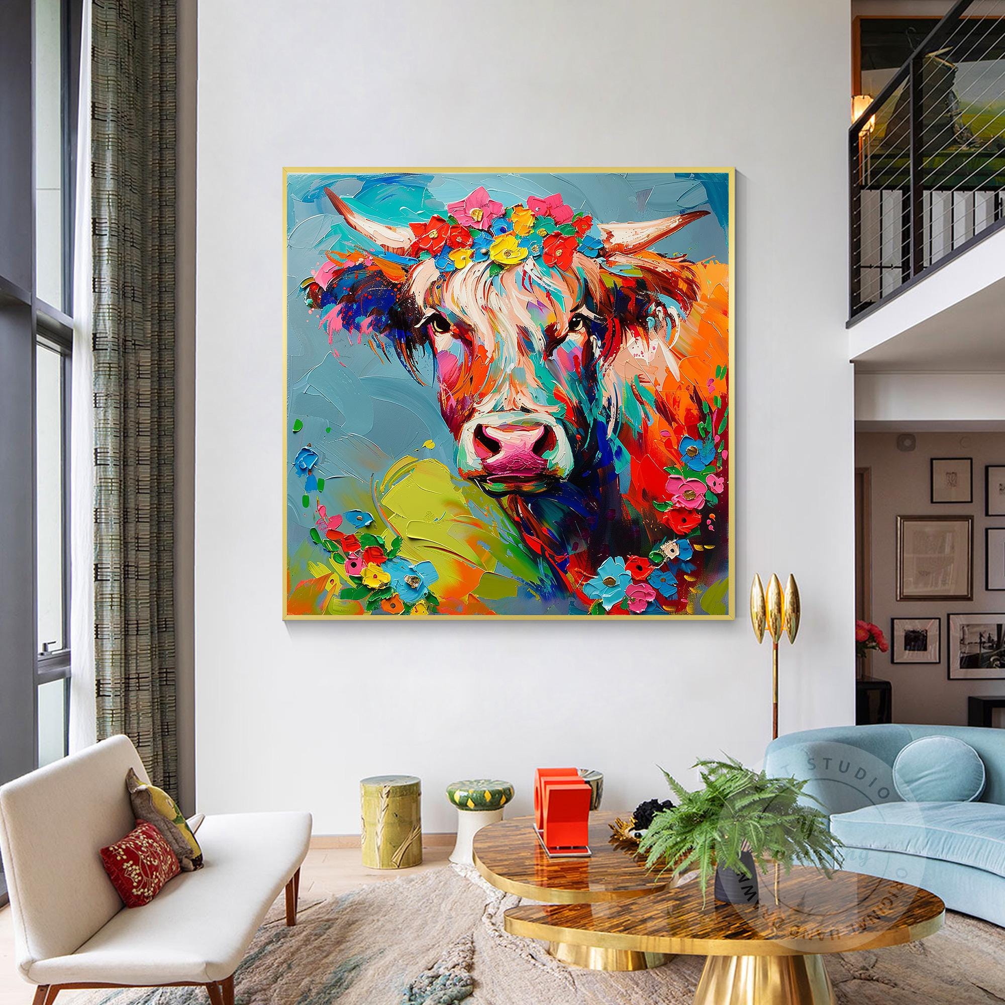 Colorful Cow Portrait 3D Textured Wall Art | Original Painting on