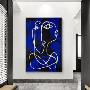 hand-painted Blue minimalist Picasso line painting on canvas. Extra-large wall decor, original one-line design