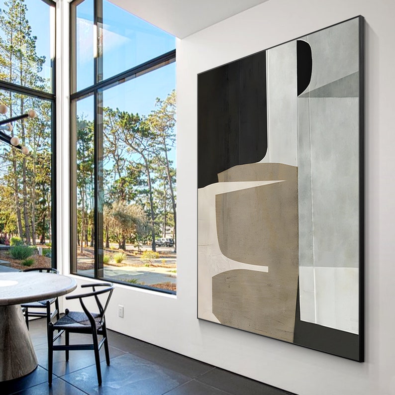 Brown, beige, and black abstract geometric painting on canvas. Minimalist art with organic shapes, extra-large Japanese Wabi Sabi wall decor.