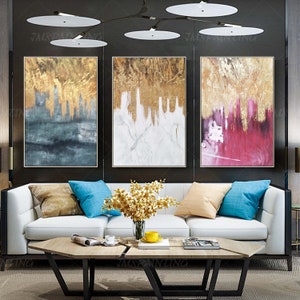 3 Pieces Original Abstract Gold Leaf Waterfall Acrylic Painting on ...