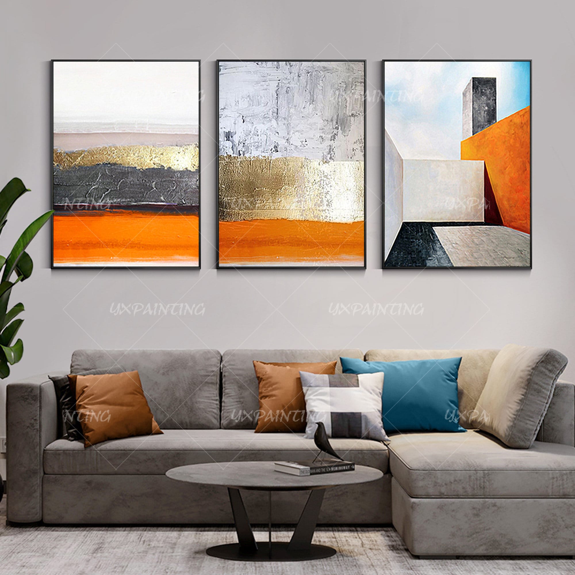 3 Pieces Abstract Painting Gold Leaf Geometric Art Acrylic Paintings on ...