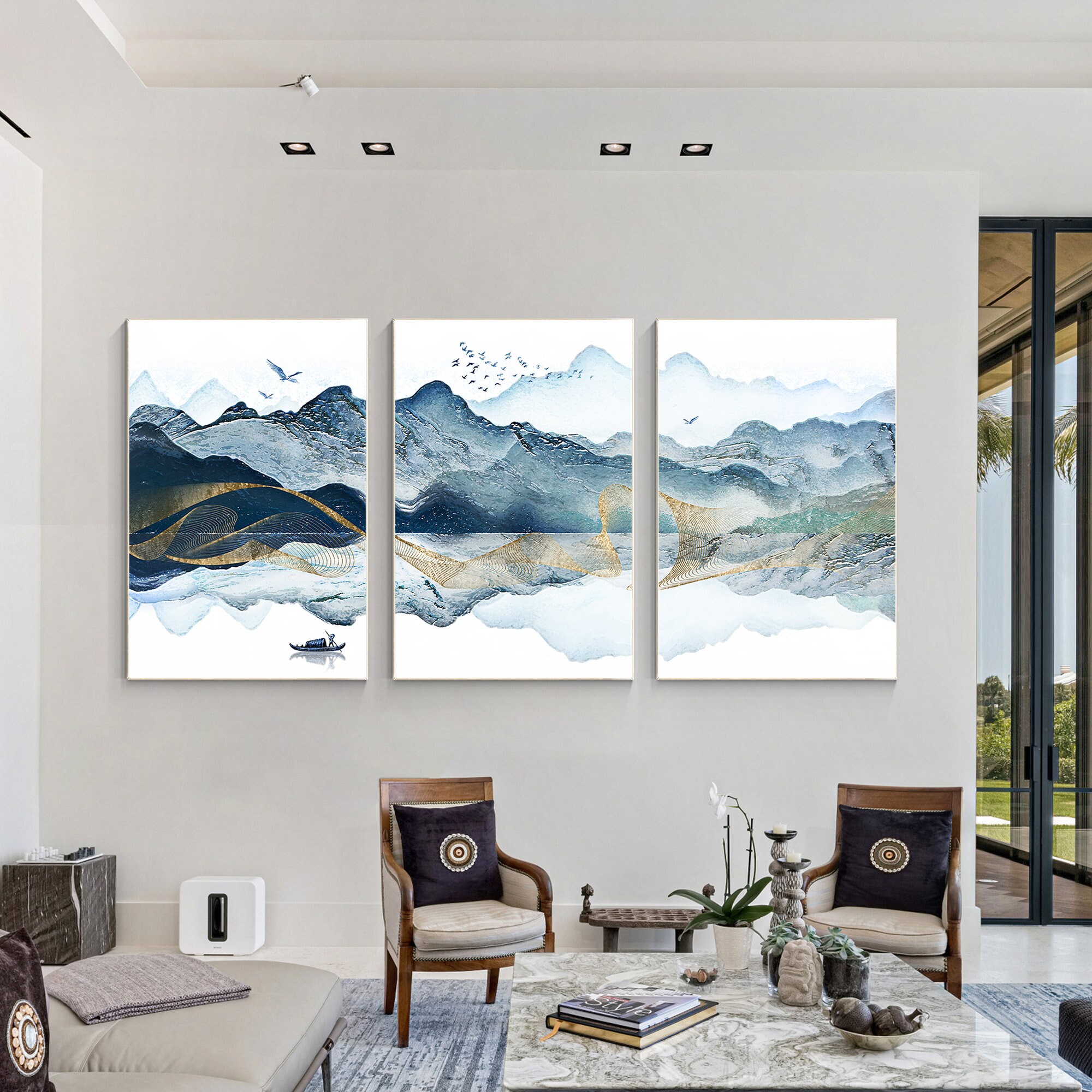 Mountain Painting Prints, Set of 3 Wall Art Prints, Abstract Gold Teal ...