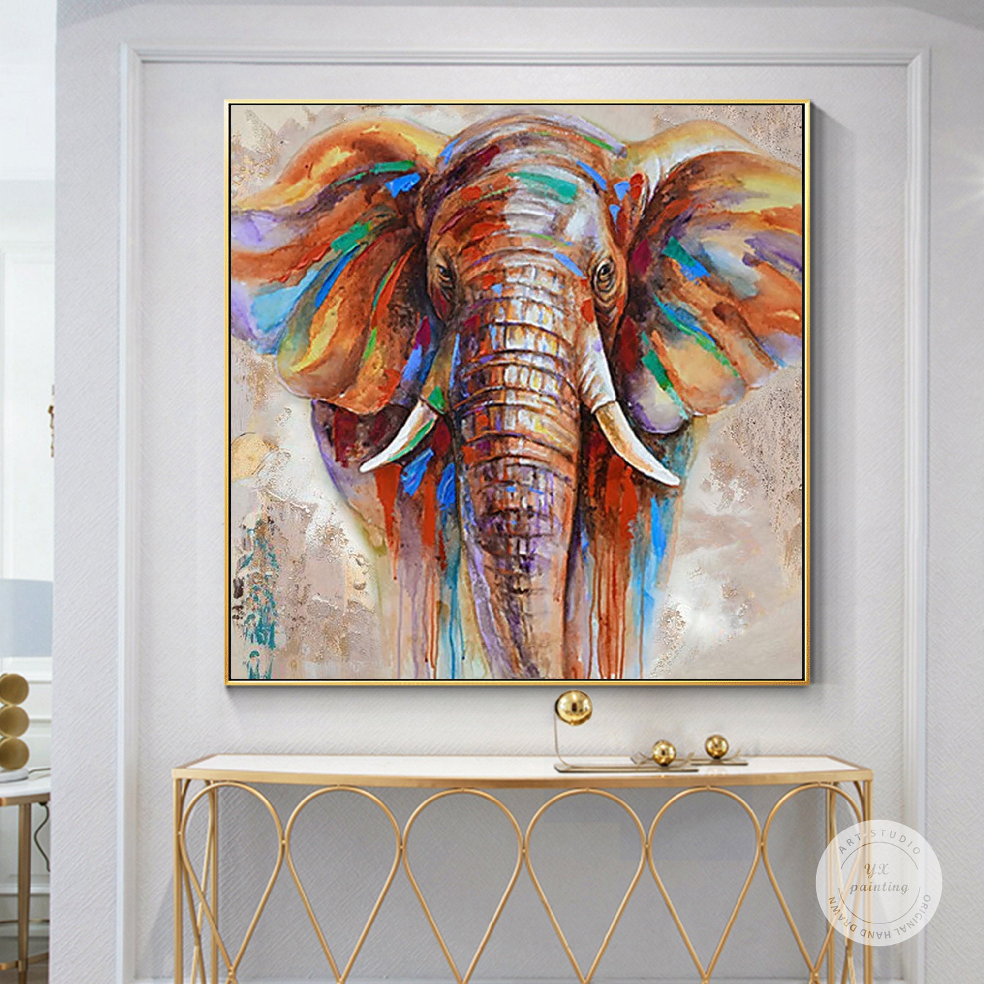 Original Hand-painted Elephant Painting: Colorful Impressionist