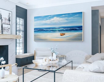 Leinwand-Wandbild „Boot Am Strand“ – 101x51 Cm, Handbemalt Mit Textur, Tropische Küstenlandschaft Für Wohnzimmer & Büro