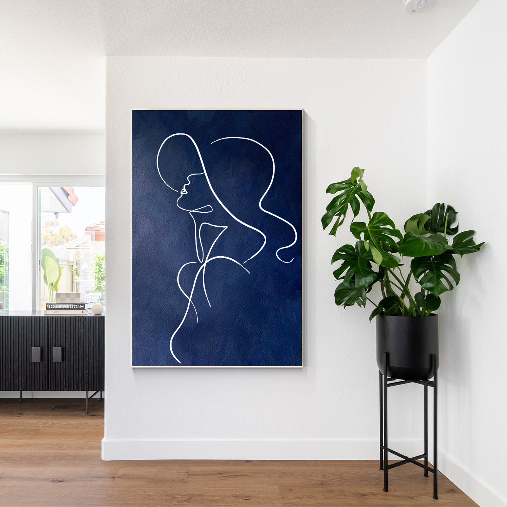 Navy Blue Woman Stick Figure Original Painting on Canvas 