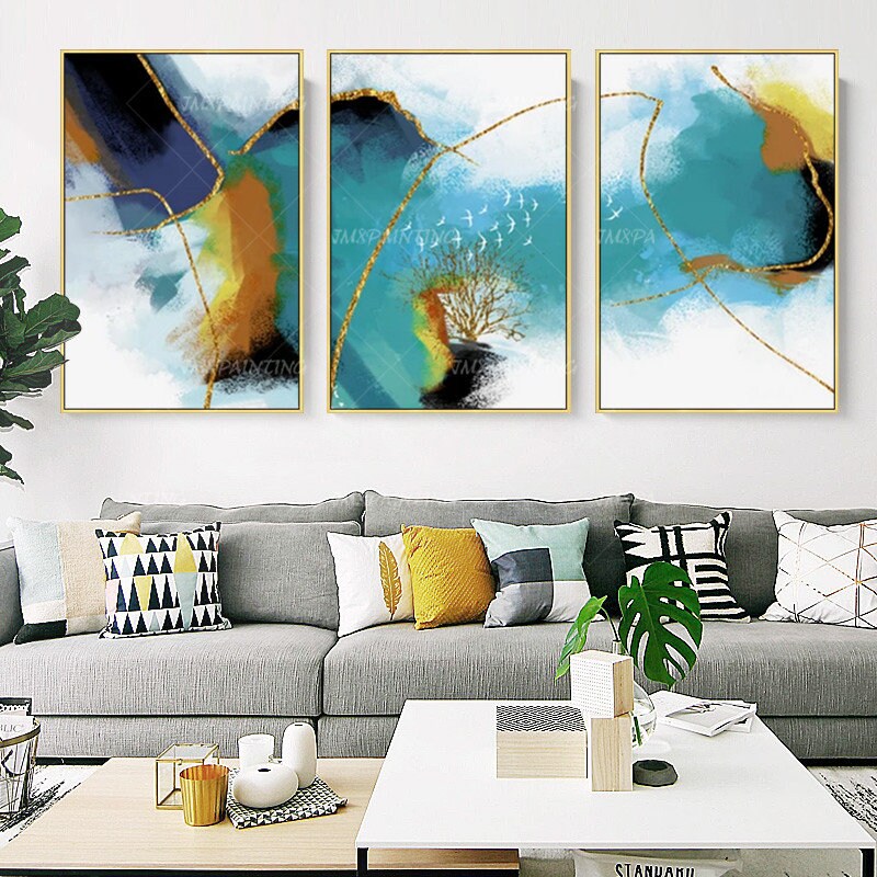 3 Pieces Wall Art Abstract Gold Art Acrylic Paintings on Canvas Set of ...