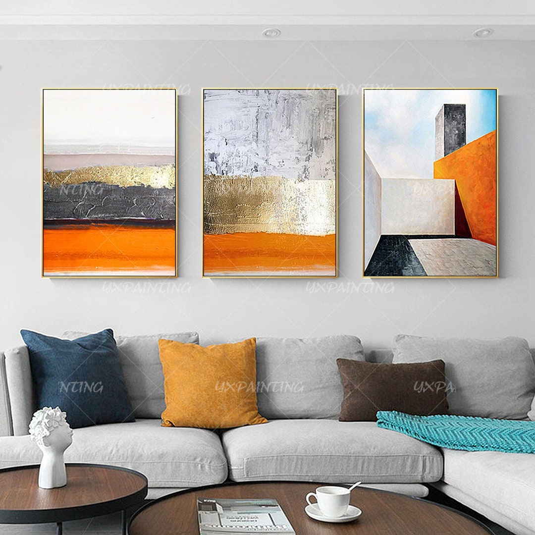 3 Pieces Abstract Painting Gold Leaf Geometric Art Acrylic Paintings on ...