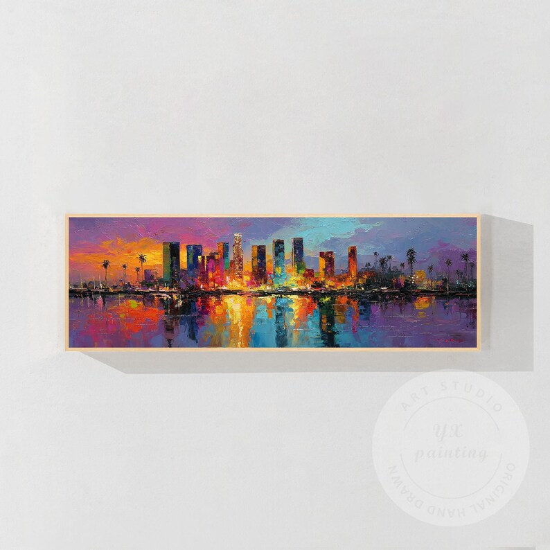 LA Skyline Sunset Painting Long Horizontal Canvas, Colorful Los Angeles ...